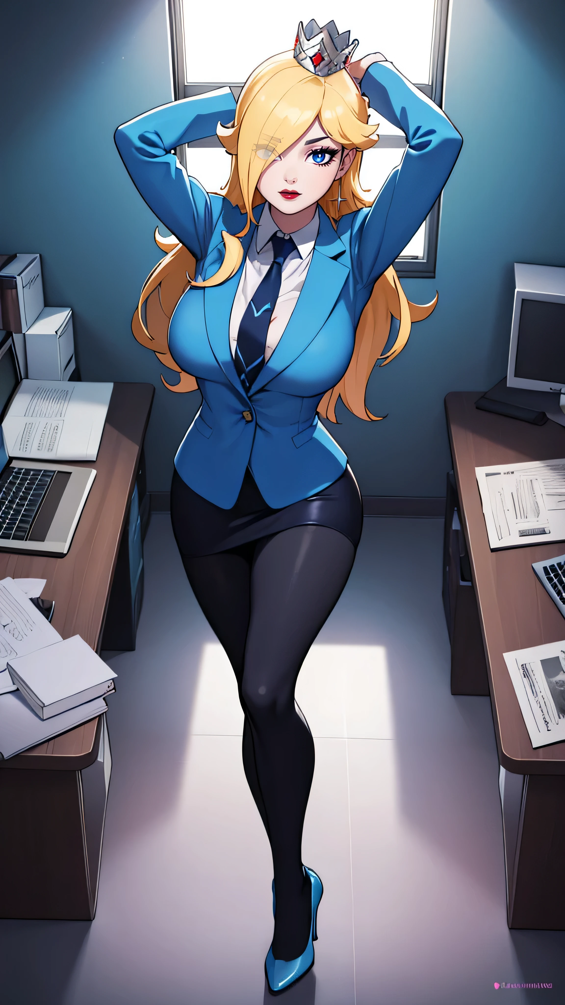 ((high detailed, best quality, 4k, masterpiece, hd:1.3)), BREAK night, window, moonlight, landscape, (in office), indoors, business office, office workers working in the office, many people are busy working, window, desk, chair, computer, ceiling light, Rosalina, BREAK neon blue eyes, seductive, attractive, sexy smile, smiling, smooth anime cg art, 36C breasts, (long fitness legs), vivid colors, detailed digital art, slim body, perfect skin, blonde hair, long hair, BREAK crown, BREAK looking at viewer, extremely detailed face, navy_blue necktie, blue jacket, black shirt, blue pencil skirt, full body, (blue high heels), earrings, gem, dark black makeup lips, dark gothic eyeshadows, dark eyeshadows, black eyeshadows, black sexy lips, black lips, (dark:1.2), dark lips, very dark lips, (perfect hands, perfect anatomy), black makeup, detailed fingers, five fingers per hand, 5 fingers, (1 girl), detailed lips, detailed black lips, black painted lips, gothic painted lips, (with your back turned:1.5, looking back pose), (looking back), (from above:1.3), (arms outstretched:1.3), (arms rised:1.3), (arms up:1.3),