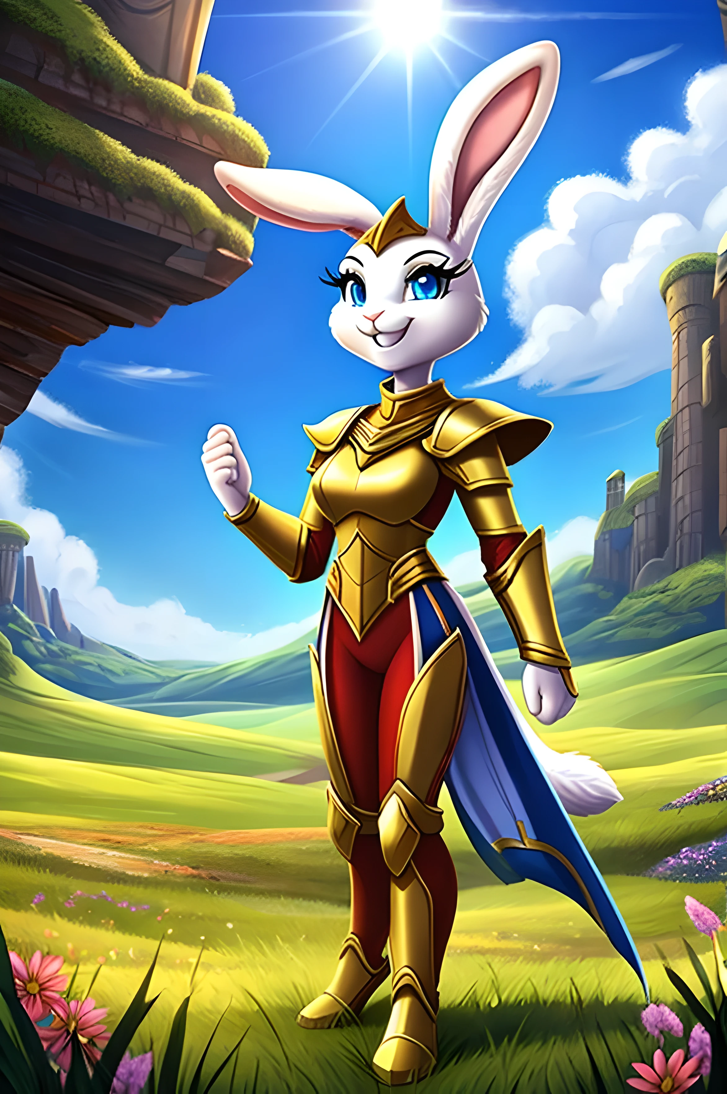 zoomed out image, fantasy style art, a shapely female white bunny with blue eyes, raised ears, poofy rabbit tail, long eyelashes, heroic look, encouraging smile, wearing a fantasy style suit of golden armor, red tights, stunning visuals, in a grassy valley, sunny day, digital illustration