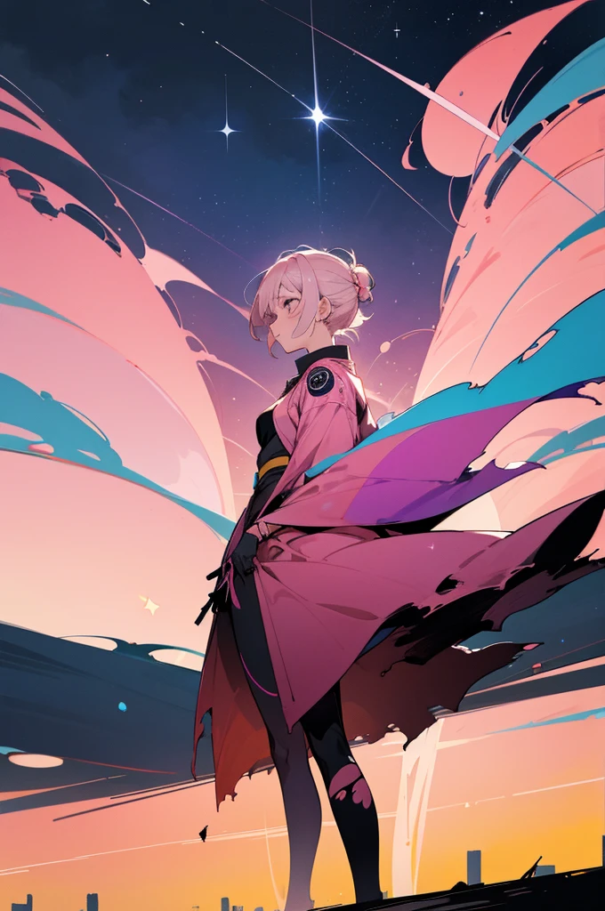 abstract image of a joben woman with torn clothes, walking in the foreground in a city on another planet destroyed by war, it is a sunset with predominant colors in pink, blue and yellow, in the background you can see the stars of outer space , anime style, abstract anime style
