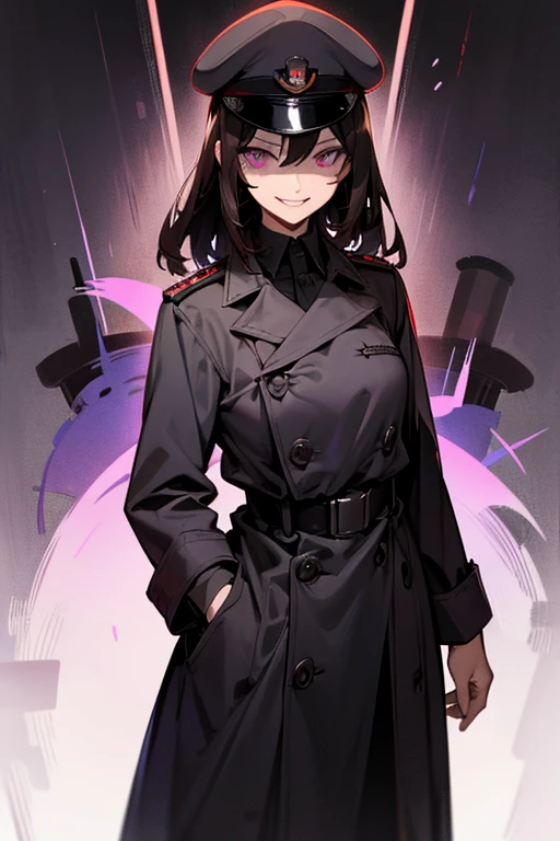 worldwartwo officer, long dark obercoat, dark hair, military hat, violet eyes, psycho smile