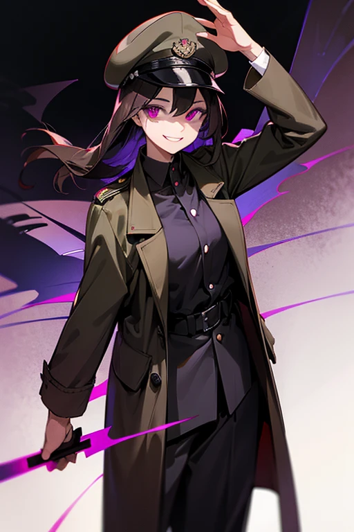 worldwartwo officer, long dark obercoat, dark hair, military hat, violet eyes, psycho smile