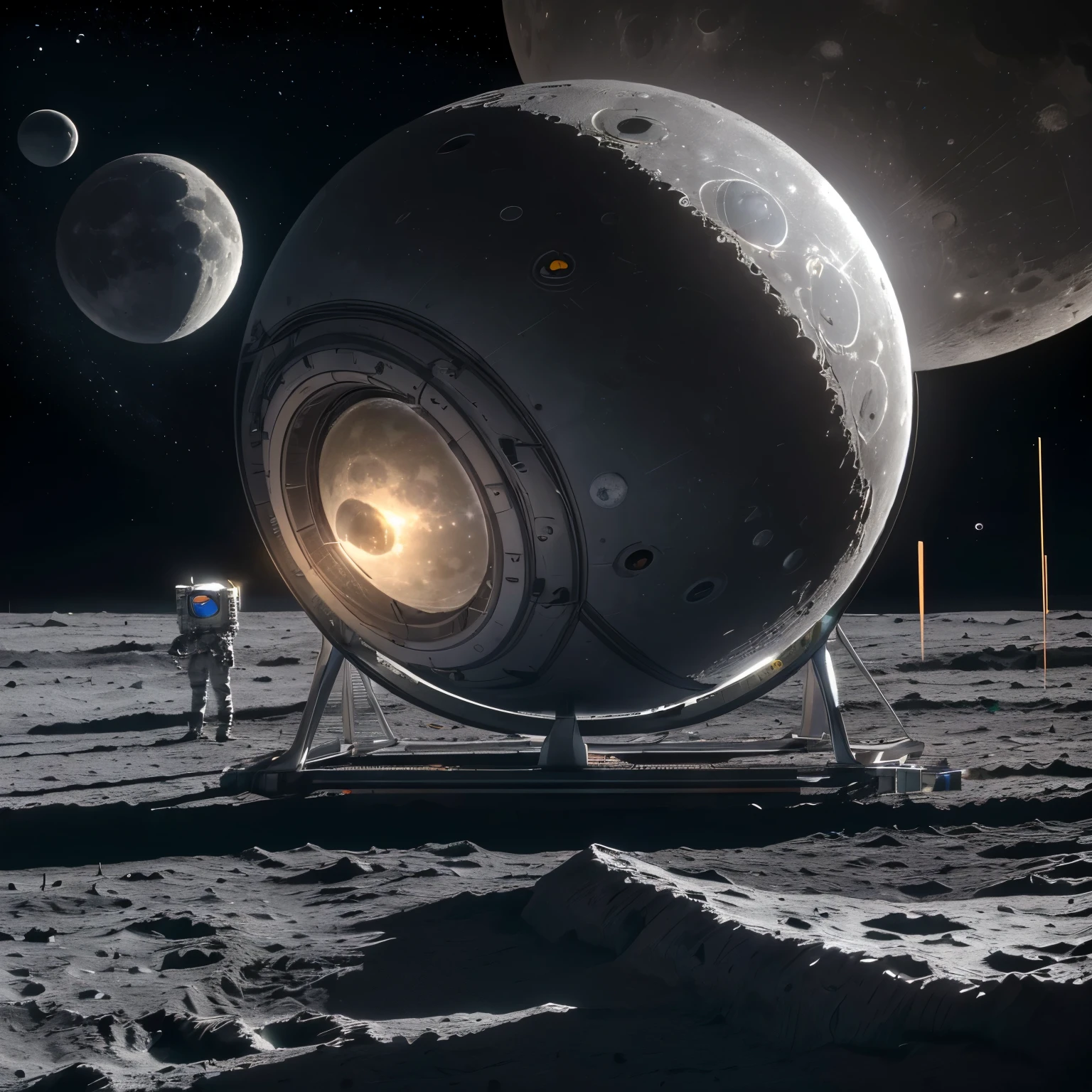 (((Station spatiale extraterrestre en orbite autour d'une lune))), dans l'espace, ((grosse mechanical and futuristic structure)), (plusieurs panneaux solaires)