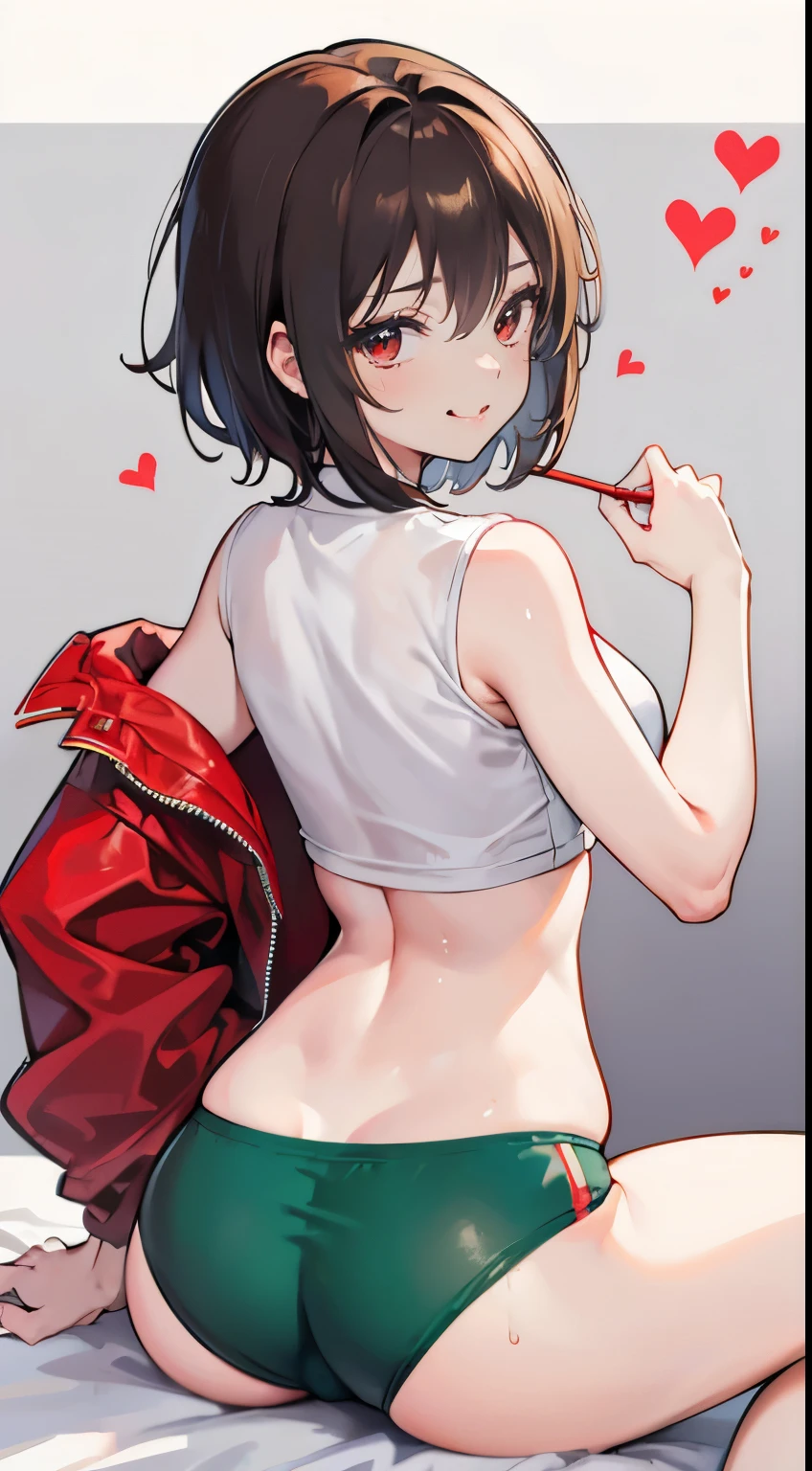 X-rated，Under the legend，Chara，teenage girl，red eye，Smile，sexy，green，Chest leak，short crop top，hot pant，with short brown haice turned red，Underwear model，lust，Hand repair，detail， clothing，HD，no underwareuttocks raised，stick out your tongue，Playful，love heart，Buttocks close up，Sweat，sitting，big asack view，Rear view，christmas，gifts，camel-toe，secretion，liquid