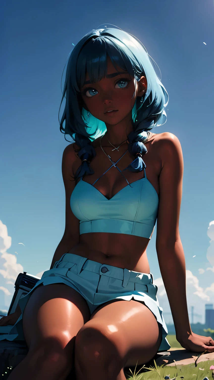 Pretty black woman sitting on a hillside, soft hair, funkypop, cyberdelic, grunge, hyperrealistic anime, lofi art, luminism, manga, medium shot, chemiluminescence, flare, flourescent lightin, character design, atey ghailan, basquiat, colorful_frequencies, electric colors, iridescent, dynamic pose, nouveau realisme, city background, african american
