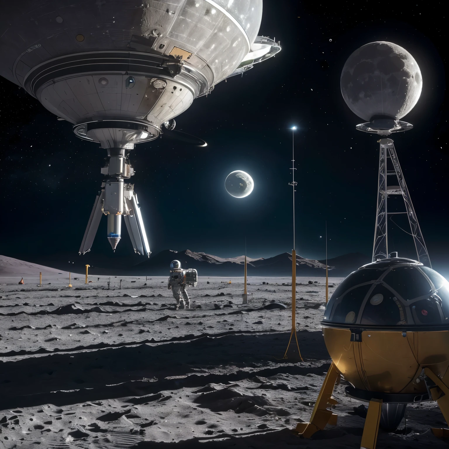 (((Station spatiale extraterrestre en orbite autour d'une lune))), dans l'espace, ((grosse mechanical and futuristic structure)), (plusieurs panneaux solaires)