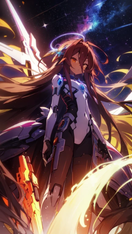 Masterpiece, Top quality, high resolution, highres, 8k, best quality, HD, child, 1 male, shota, cute, innocent, ((dark skin)), orange eyes, otokonoko, dark brown hair long hair in a side-swept style smooth, wearing an a black fullbody bodysuit, exosuit armour parts, armour waist attachment, cute artstyle, stand still, close up, (Shuvi), (deus ex machina race), (no game no life), large Mecha Musume Wing's, A starry sky,