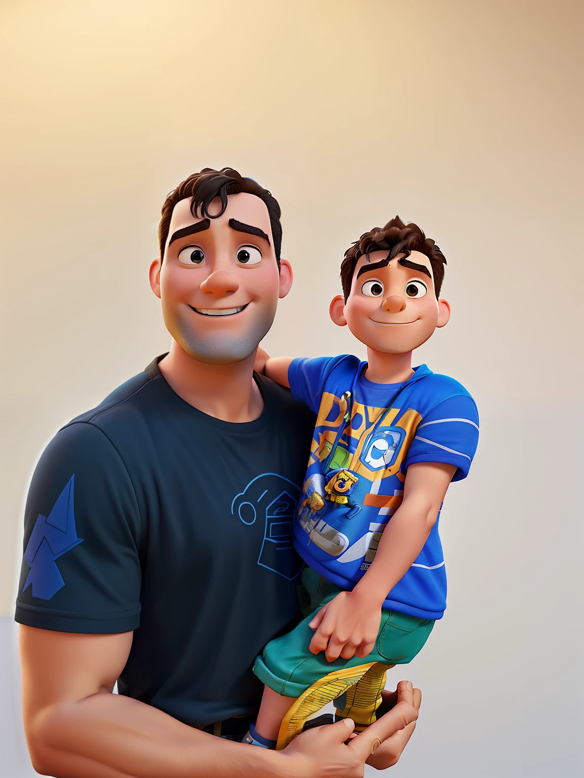 Disney Pixar 3D Transformers movie theme. There is a man holding a 4 year old boy wearing a Bumblebee costume in his arms, a photo of Matt Cavotta, he is 40 years old, 3d Pixar Disney, Greg Rutkowski and Alex Ross