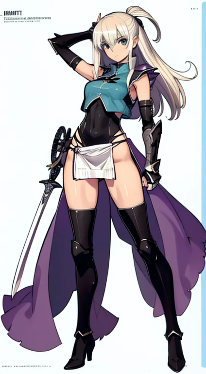(((Best Quality))) , ((full body)), female, character design, solo, (white background), holding sword, gauntlets, waist armor, thigh high, side slit trench skirt, loincloth, fundoshi, blue, high-cut armor, green, violet, brown, white, colorful outfit, vest, bare arms, bareback, waist armor,
