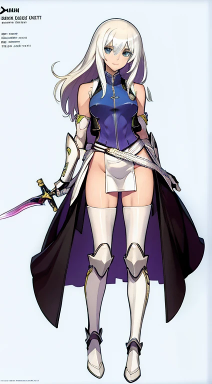 1girl, sword, holding sword, gloves, white background, full body, solo, gauntlets, multiple views, cape, small shield, holding shield, bodysuit, wavy hair,
green, violet, white, pink,
