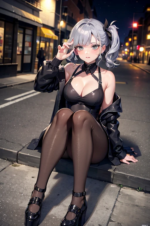 oversized jacket, side ponytail, sidebangs, cleavage, short silver dress, fishnet pantyhose, platform shoes, street, city at night, makeup, talking to the phone