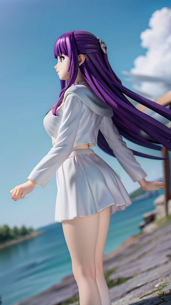 1 girl、full body description、realistic scene、realistic texture、Depth of the bounds written、Top quality perspective、real focus、Blue sky、White cloud、rainbow、sunshine、shine of the lake、anatomically accurate hand arm fingers、slim、accurate line of sight、blue eyes、cute smile、purple hair、long hair、White Fashion、White Hoodie、White blouse、White long skirt、Knee-high boots、Vision、forest、roman ruins、Book of Magic、big lake background、lakeside、waterside、espionage、action、