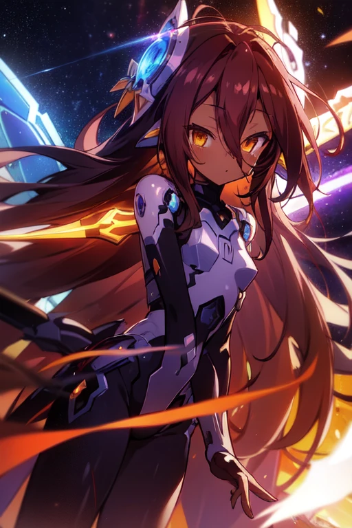 Masterpiece, Top quality, high resolution, highres, 8k, best quality, HD, child, 1 male, shota, cute, innocent, ((dark skin)), orange eyes, otokonoko, dark brown hair long hair in a side-swept style smooth, wearing an a black fullbody bodysuit, exosuit armour parts, armour waist attachment, cute artstyle, stand still, close up, (Shuvi), (deus ex machina race), (no game no life), large Mecha Musume Wing's, A starry sky,