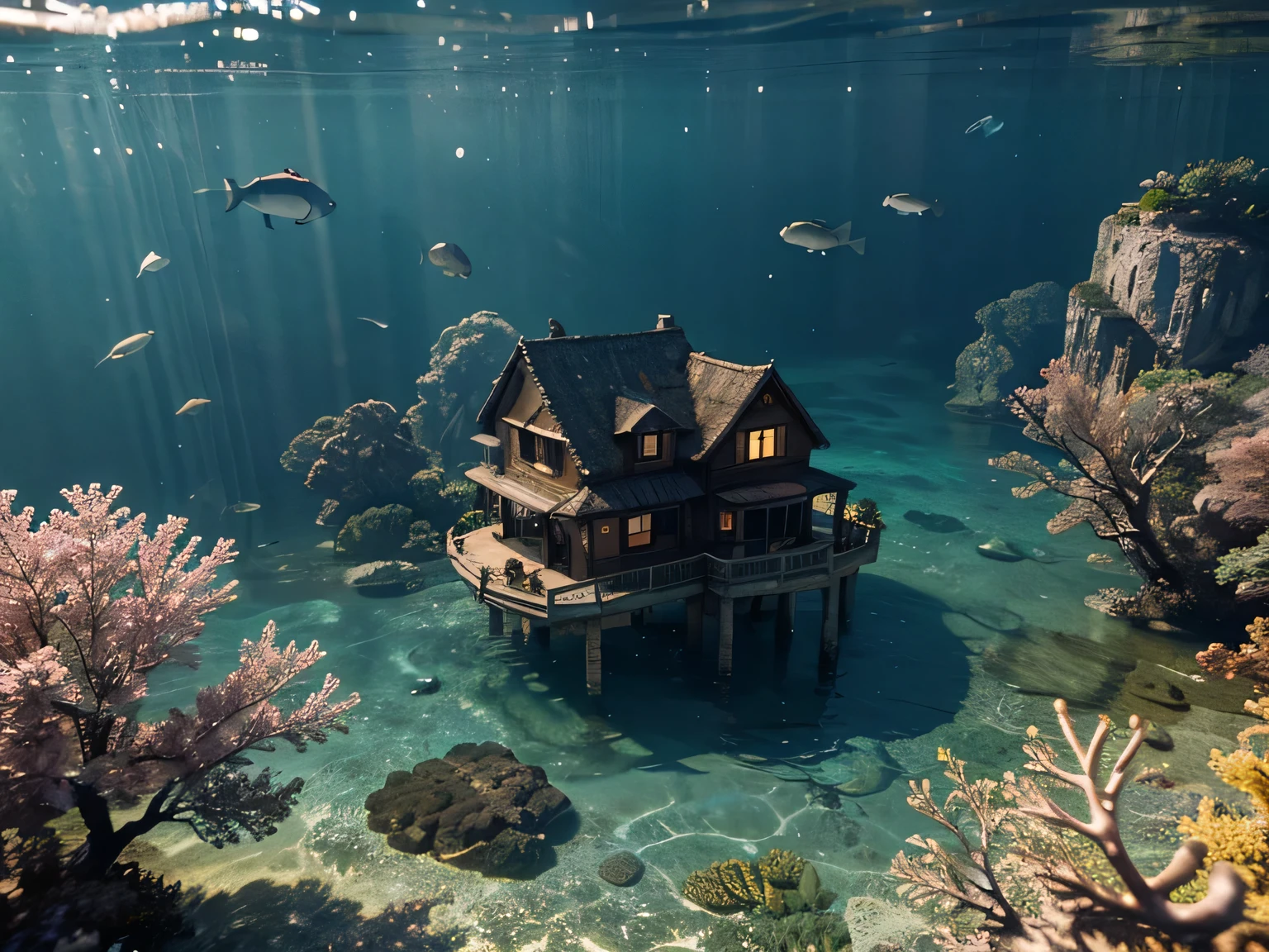 a beautiful house submerged in water, captured in a close-up photo underwater. Water ripples reflect bright light, and there are schools of fish scattered around you. Digital painting is full of vivid, dreamy colors, with a romantic and vibrant ocean backdrop. The view is from a high angle, and the art is created using Blender with ray tracing to simulate realistic lighting. This illustration design is perfect for capturing the beauty of the underwater world. --AR 9:16 --Q 5 --Niji 5