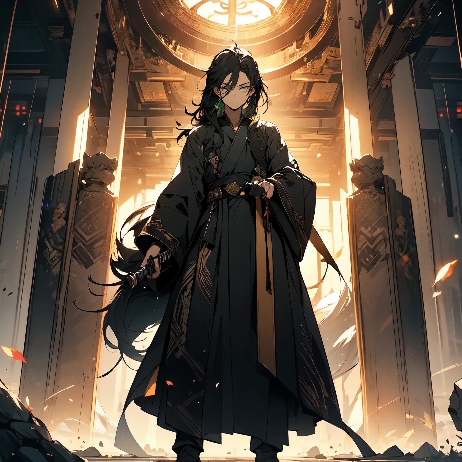 green eyes,Hold the hilt of the sword in your hand,Green decoration,Snake silent expression,male,ager,long black hair,glowing eyes,