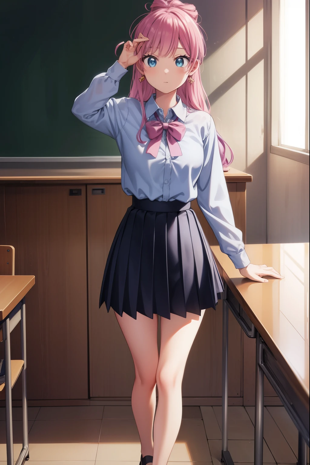 akariwatanabe, akari watanabe, long hair, blue eyes, pink hair, hair bun, double bun, cone hair bun,
BREAK skirt, shirt, bow, jewelry, pleated skirt, earrings, blue skirt, blue shirt,
BREAK looking at viewer, full body,
BREAK indoors, classroom,
BREAK (masterpiece:1.2), best quality, high resolution, unity 8k wallpaper, (illustration:0.8), (beautiful detailed eyes:1.6), extremely detailed face, perfect lighting, extremely detailed CG, (perfect hands, perfect anatomy),