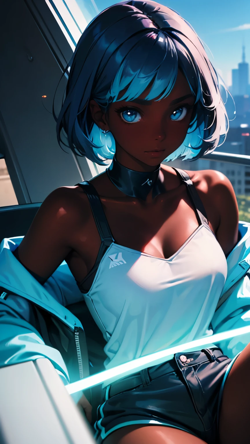 Pretty black woman sitting on a hillside, soft hair, funkypop, cyberdelic, grunge, hyperrealistic anime, lofi art, luminism, manga, medium shot, chemiluminescence, flare, flourescent lightin, character design, atey ghailan, basquiat, colorful_frequencies, electric colors, iridescent, dynamic pose, nouveau realisme, city background, african american