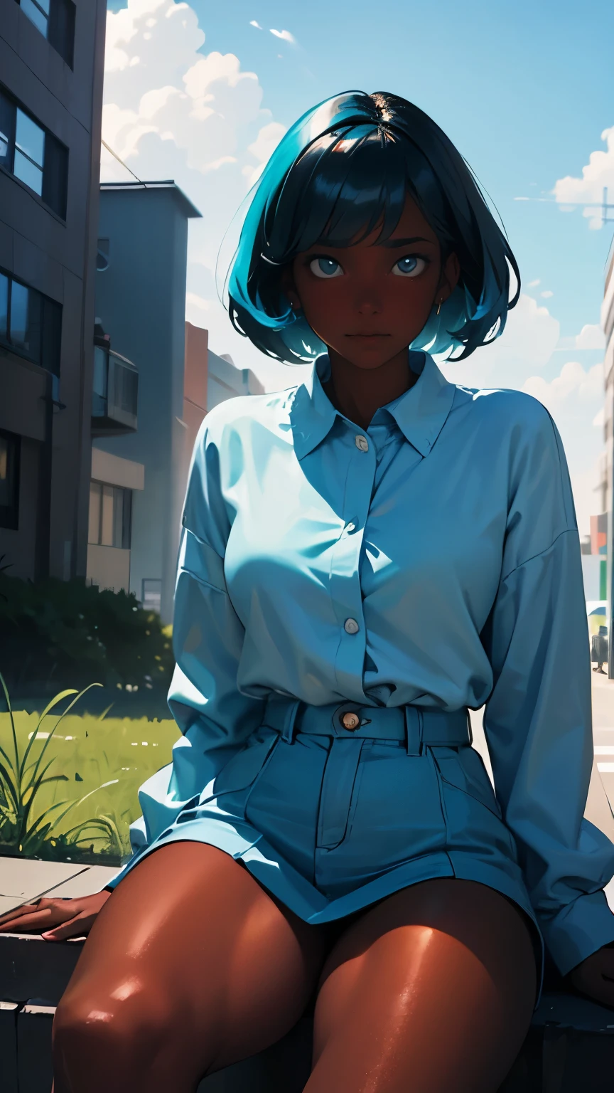 Pretty black woman sitting on a hillside, soft hair, funkypop, cyberdelic, grunge, hyperrealistic anime, lofi art, luminism, manga, medium shot, chemiluminescence, flare, flourescent lightin, character design, atey ghailan, basquiat, colorful_frequencies, electric colors, iridescent, dynamic pose, nouveau realisme, city background, african american