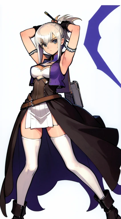 (((Best Quality))) , ((full body)), female, character design, solo, (white background), holding sword, gauntlets, waist armor, thigh high, side slit trench skirt, blue, bikini under clothes, green, violet, brown, white, colorful outfit, vest, bare arms, bareback, tactical vest, Bust Bodice,