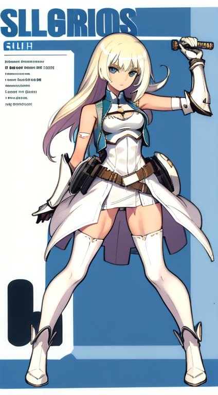 (((Best Quality))) , ((full body)), female, character design, solo, (white background), holding axe, gauntlets, waist armor, thigh high, side slit trench skirt, blue, orange, green, violet, brown, white, tactical vest, short pants,