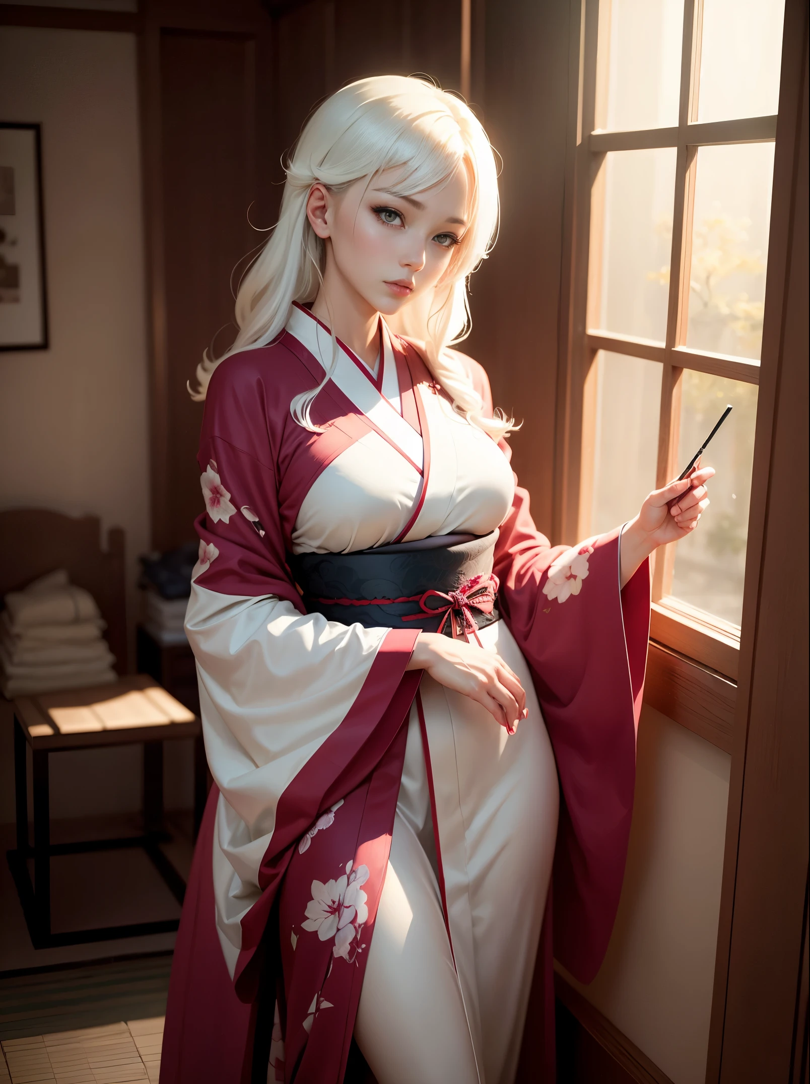 anime girl in kimono outfit posing in a room with a window, in a kimono, seductive anime girl, kantai collection style, beautiful alluring anime woman, in kimono, white haired deity, trending on artstation pixiv, shikamimi, extremely detailed artgerm, trending on cgstation, high detailed official artwork, official art