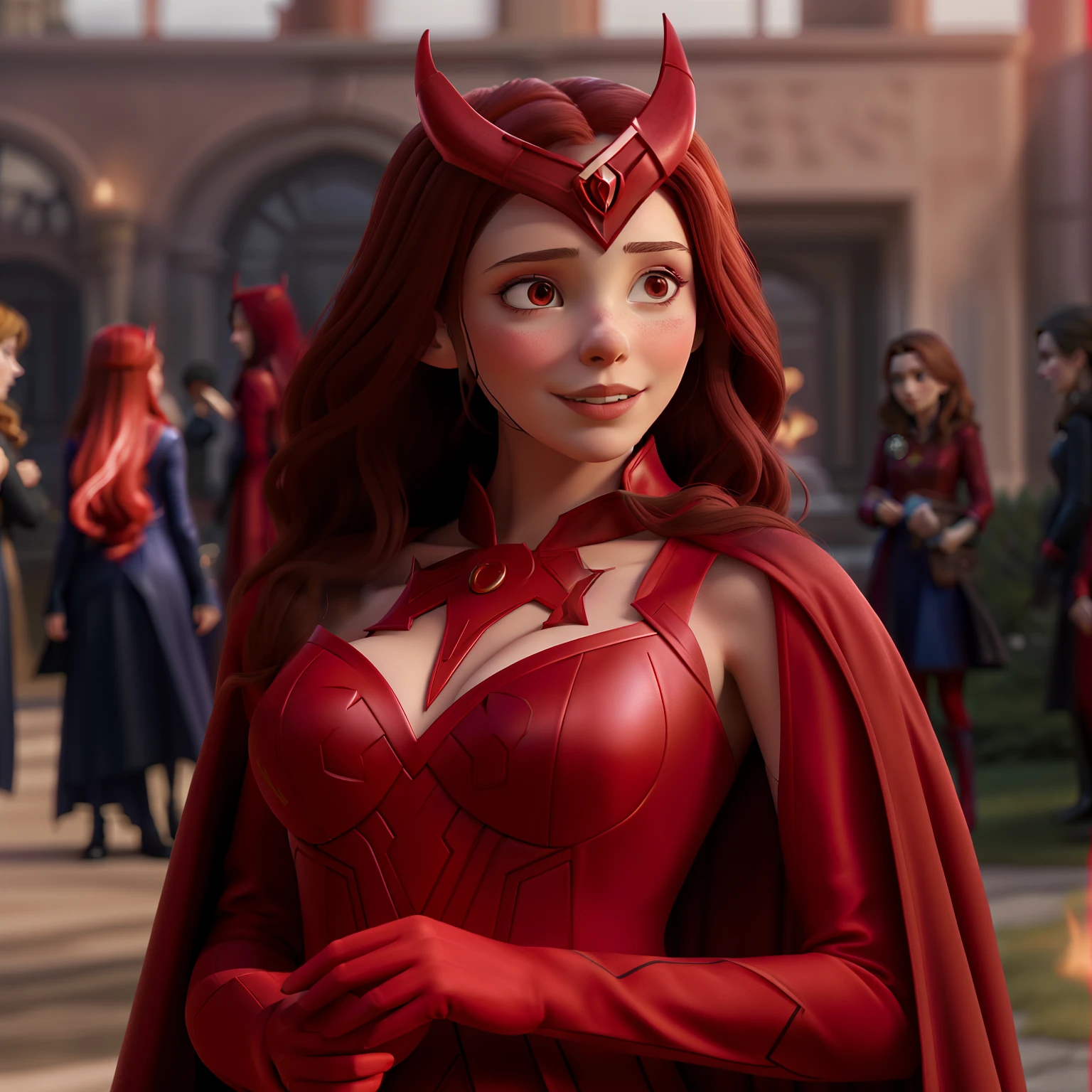 woman in red dress with red cape and horns on head, wanda maximoff, scarlet witch, scarlet witch costume, scarlet witch marvel, erin moriarty as scarlet witch, elizabeth olsen as scarlet witch, emma watson as the scarlet witch, alison brie as black widow, wearing red sorcerers robes, anya taylor - joy vampire queen
