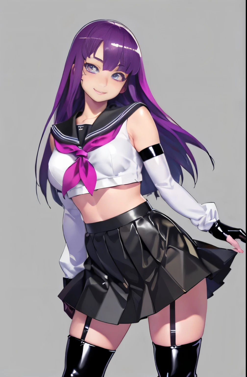 1 girl, alone, flower background, purple hair, long hair, eyes purple, big breasts, bare shoulders, black pvc costume, school uniform, (Black PVC Serafuku:1.4), (Black PVC pleated skirt:1.2), Black PVC Elbow Gloves, Black PVC thigh boots, (garter strap:1.2), evil shy smile, shiny hair, shiny skin, shy smile, face focus, pretty face, fine eyes,