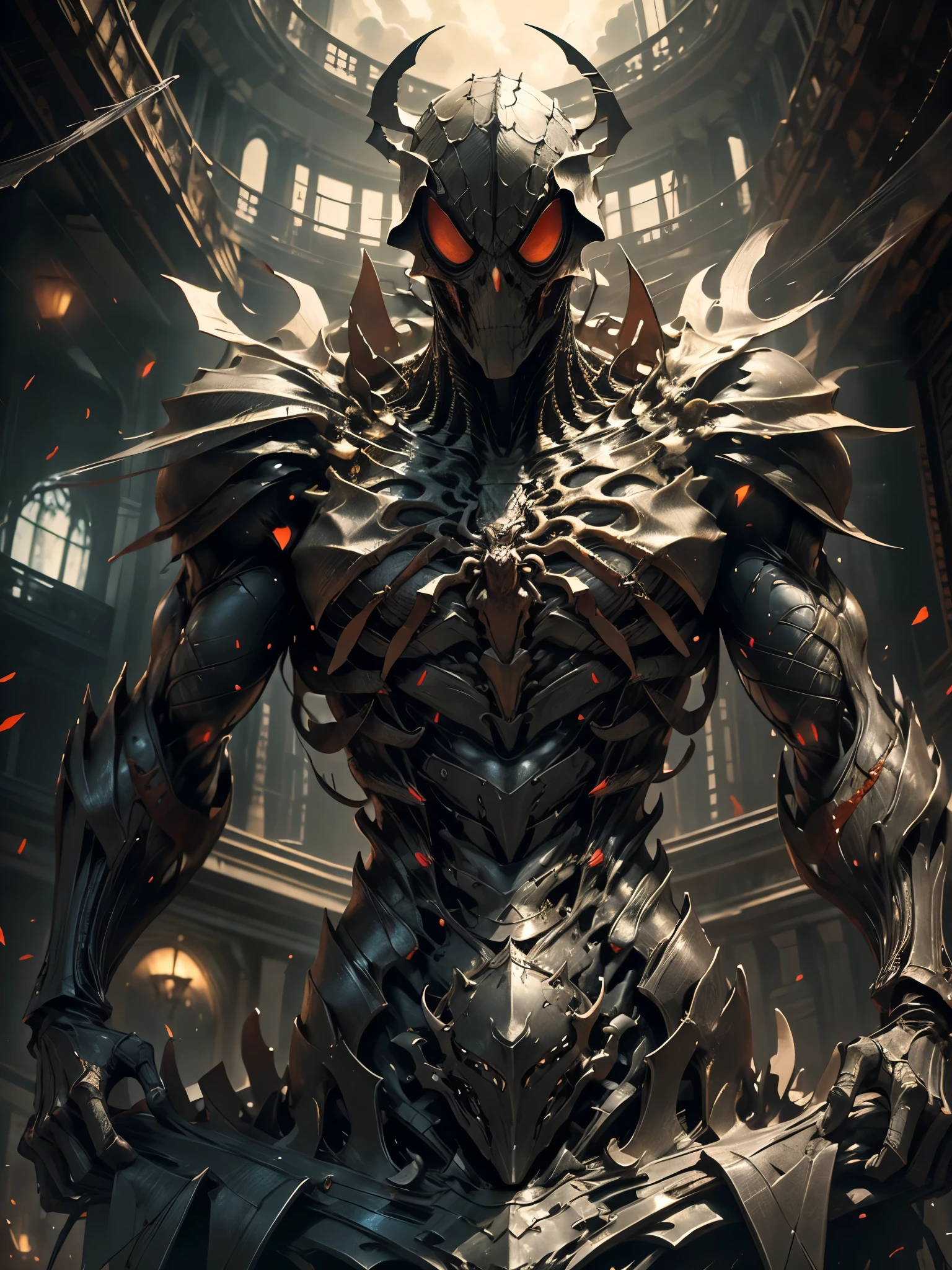 Stunning illustration, zombie Spider-Man emerges from the darkness with a skeletal, decomposed figure, wrapped in his iconic red and blue suit, ahora desgastado y desgarrado. Their pale, decomposed skin shows visible bones in some areas, while muscles, mostly consumed, apenas sostienen su estructura. Sus ojos, una vez vivaces, now they are empty and opaque, surrounded by dark circles that accentuate their macabre nature.El traje, manchado de sangre seca y mugre, cuelga de su cuerpo en jirones, revelando hueso y carne muerta en varios puntos. Aunque su aspecto es espeluznante, Arachnid agility is still discernible in its hunched posture and in the remains of cobwebs clinging to its body..paisaje nocturno y siniestro, con una luna llena brillante pero distorsionada, rodeada de nubes ominosas y tormentosas. Faint rays of light filter through the clouds, bathing the zombie Spider-Man in spectral illumination.