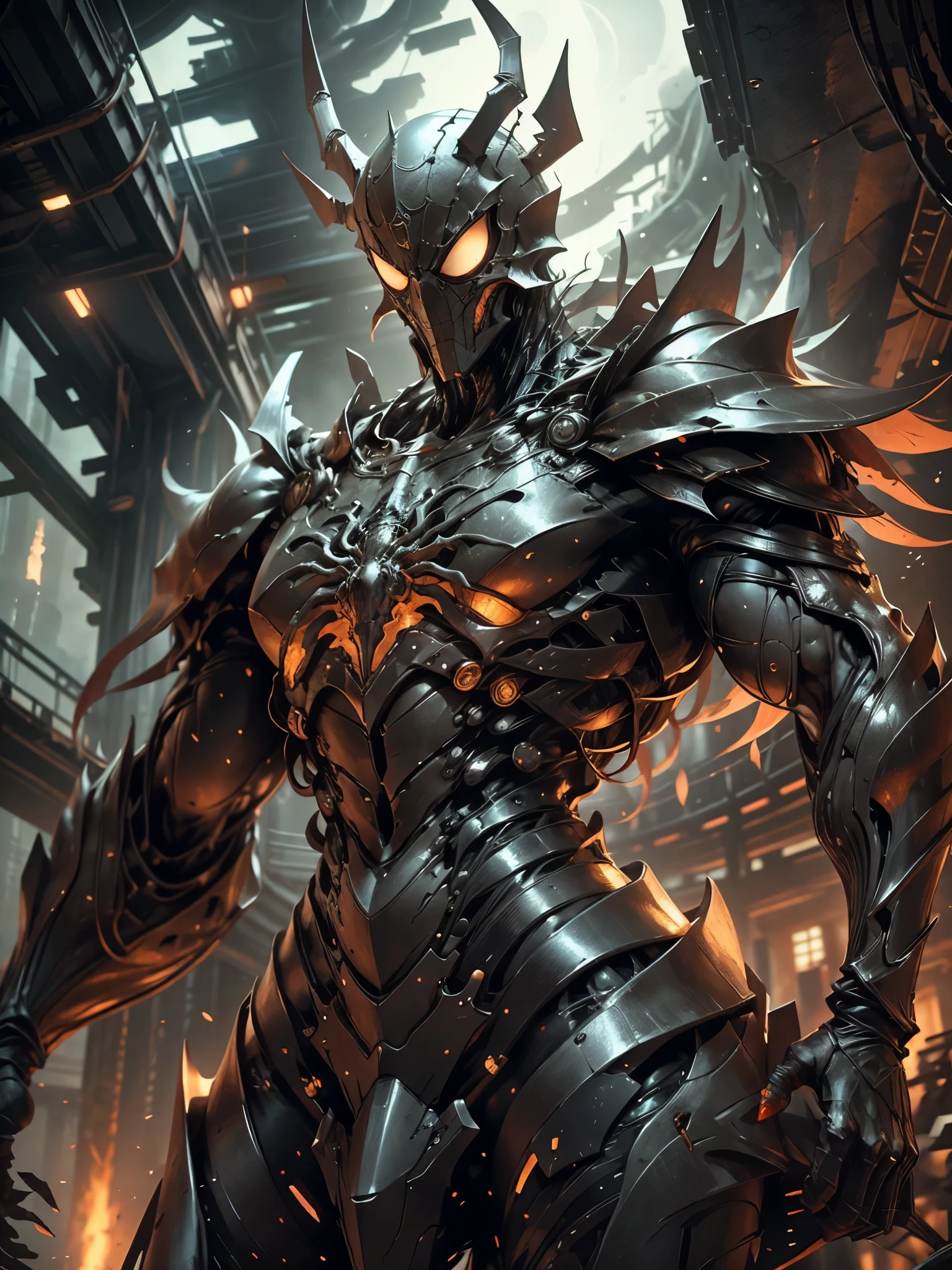 Stunning illustration, zombie Spider-Man emerges from the darkness with a skeletal, decomposed figure, wrapped in his iconic red and blue suit, ahora desgastado y desgarrado. Their pale, decomposed skin shows visible bones in some areas, while muscles, mostly consumed, apenas sostienen su estructura. Sus ojos, una vez vivaces, now they are empty and opaque, surrounded by dark circles that accentuate their macabre nature.El traje, manchado de sangre seca y mugre, cuelga de su cuerpo en jirones, revelando hueso y carne muerta en varios puntos. Aunque su aspecto es espeluznante, Arachnid agility is still discernible in its hunched posture and in the remains of cobwebs clinging to its body..paisaje nocturno y siniestro, con una luna llena brillante pero distorsionada, rodeada de nubes ominosas y tormentosas. Faint rays of light filter through the clouds, bathing the zombie Spider-Man in spectral illumination.