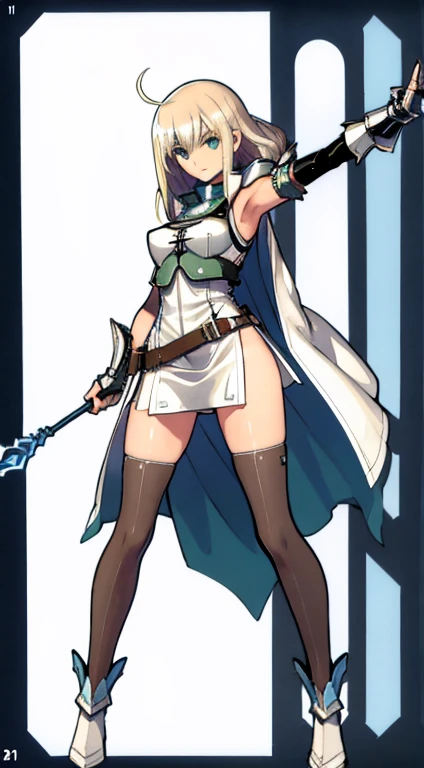 (((Best Quality))) , ((full body)), female, character design, solo, (white background), holding staff, gauntlets, waist armor, thigh high, side slit trench skirt, blue, green, violet, brown, white, colorful outfit, vest, bare arms, bareback, tactical vest, Bust Bodice,
