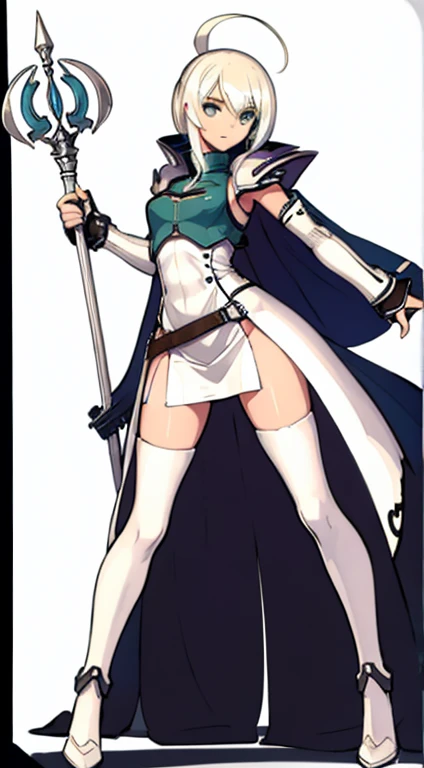 (((Best Quality))) , ((full body)), female, character design, solo, (white background), holding staff, gauntlets, waist armor, thigh high, side slit trench skirt, blue, green, violet, brown, white, colorful outfit, vest, bare arms, bareback, tactical vest, Bust Bodice,