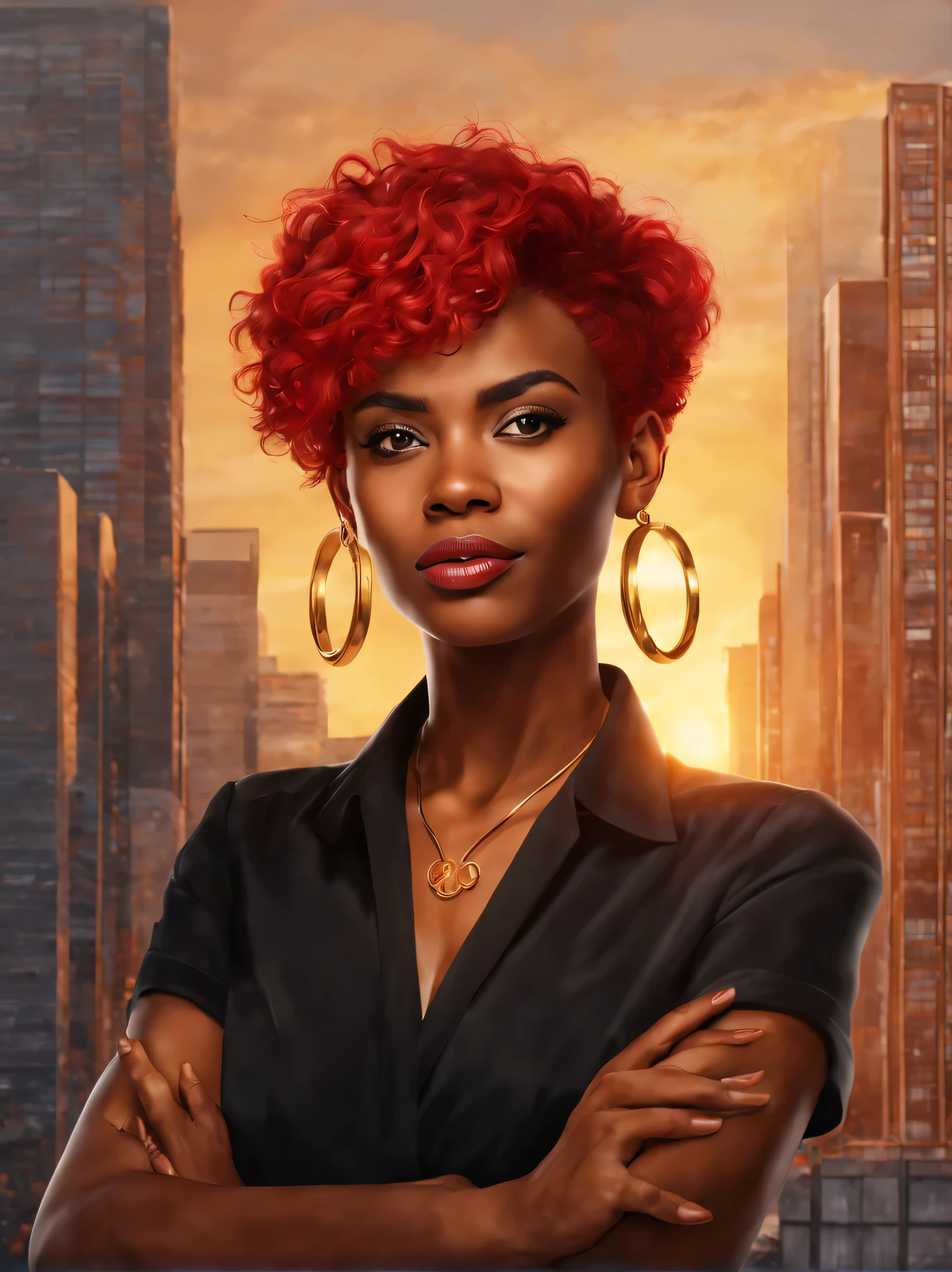 Realistic portrait of black woman architect with red short pixie hair, black woman wearing office clothes, intricate and awesome face facing camera, gold hoop earrings, (masterpiece:1.2), centered shot, sunset lights, construction building on background