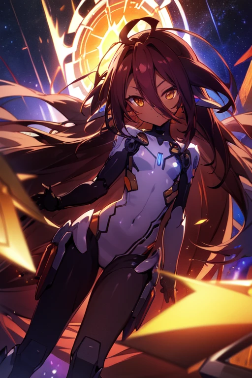 Masterpiece, Top quality, high resolution, highres, 8k, best quality, HD, , 1 male, shota, cute, innocent, ((dark skin)), orange eyes, otokonoko, dark brown hair long hair in a side-swept style smooth, wearing an a black fullbody bodysuit, exosuit armour parts, armour waist attachment, cute artstyle, stand still, close up, (Shuvi), (deus ex machina race), (no game no life), artifacts, A starry sky,