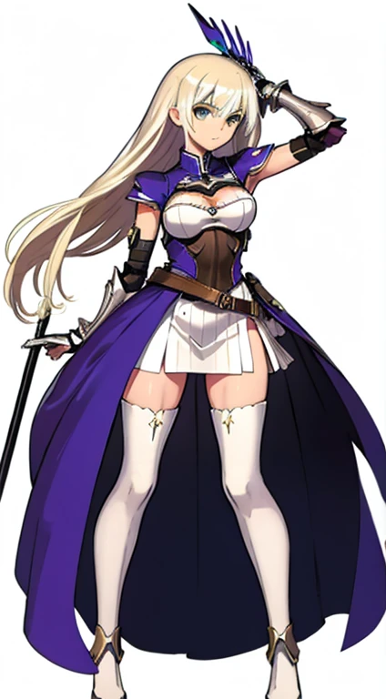 (((Best Quality))) , ((full body)), female, character design, solo, (white background), holding staff, gauntlets, waist armor, thigh high, side slit trench skirt, blue, green, violet, brown, white, colorful outfit, bare arms, bareback,  Bust Bodice,