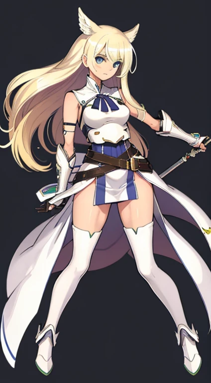 (((Best Quality))) , ((full body)), female, character design, solo, (white background), holding staff, gauntlets, waist armor, thigh high, side slit trench skirt, blue, green, violet, brown, white, colorful outfit, bare arms, bareback, Bust Bodice,