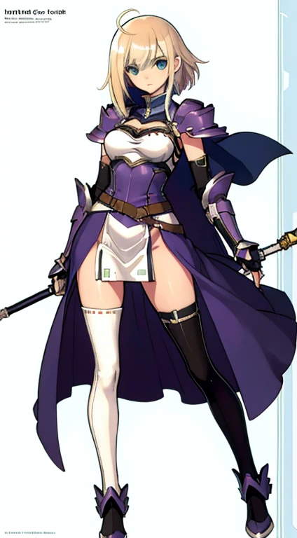 (((Best Quality))) , ((full body)), female, character design, solo, (white background), holding staff, gauntlets, waist armor, thigh high, side slit trench skirt, blue, green, violet, brown, white, colorful outfit, bare arms, bareback, Bust Bodice,
