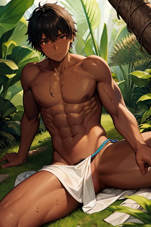 A dark-skinned, short-haired, slender macho tribal boy wearing a severely torn loin cloth and wet with a large amount of milky fluid is lying on a bed of leaves in a hut in a jungle village., barbarian