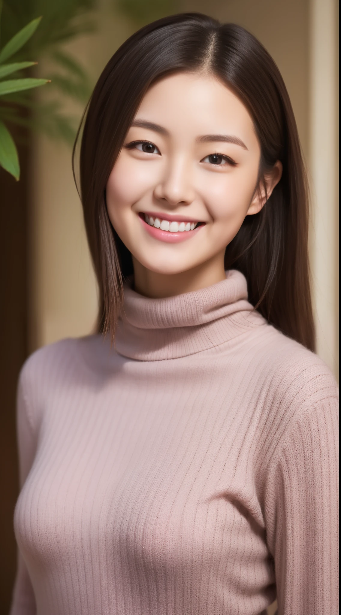 College Girl Face、Wear a turtleneck sweater、high quality、surreal、healthy、Smiling expression、Slender perfect figure、Japanese beauty ace perfect、Shining beautiful skin、Upper body、Very small bust