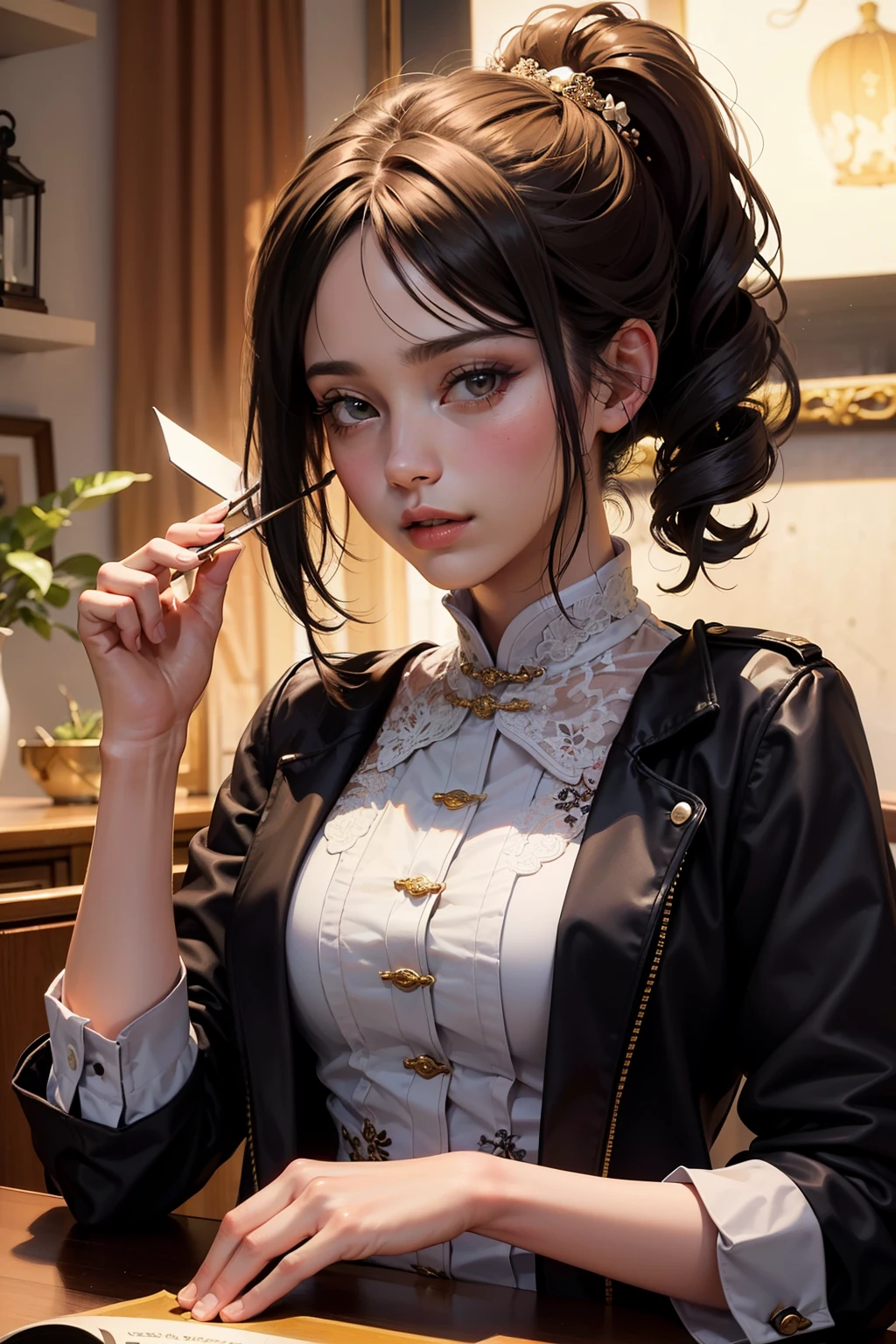 ((Mejor calidad)), ((obra maestra)), (detallado), cara perfecta
Hermosa chica, traje chino, cabello negro, pechos grandes, manos en la cintura, mirada despectiva