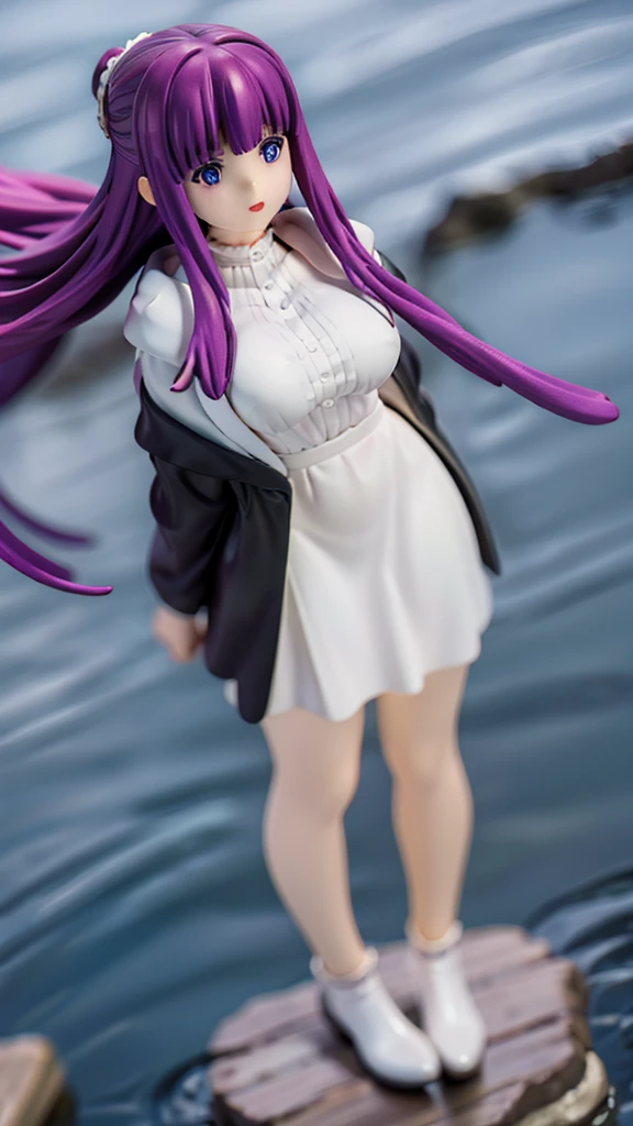 1 girl、full body description、realistic scene、Superfine paintings、PVC revoltech、figma、realistic texture、Depth of the bounds written、Top quality perspective、Shiny feeling on the skin、、real focus、Blue sky、White cloud、rainbow、sunshine、shine of the lake、anatomically accurate hand arm fingers、slim、slimming、constriction、accurate line of sight、blue eyes、nice smile、purple hair、long hair、White Fashion、White Hoodie、White blouse、White long skirt、Knee-high boots、Vision、forest、roman ruins、Book of Magic、big lake background、lakeside、waterside、espionage、action、