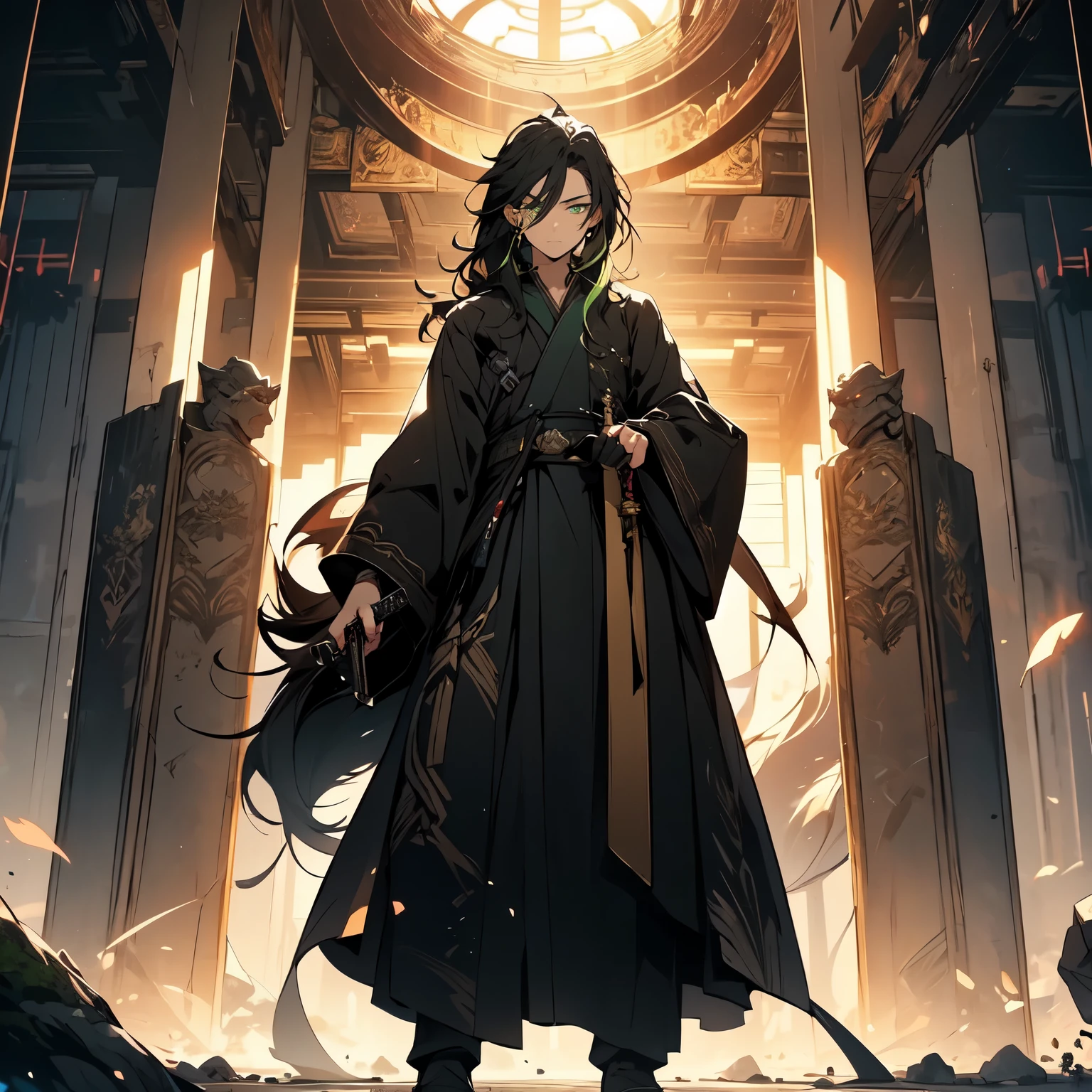 green eyes，Hold the hilt of the sword in your hand，green decoration，Snake silent expression，male，teenager，long black hair，glowing eyes，