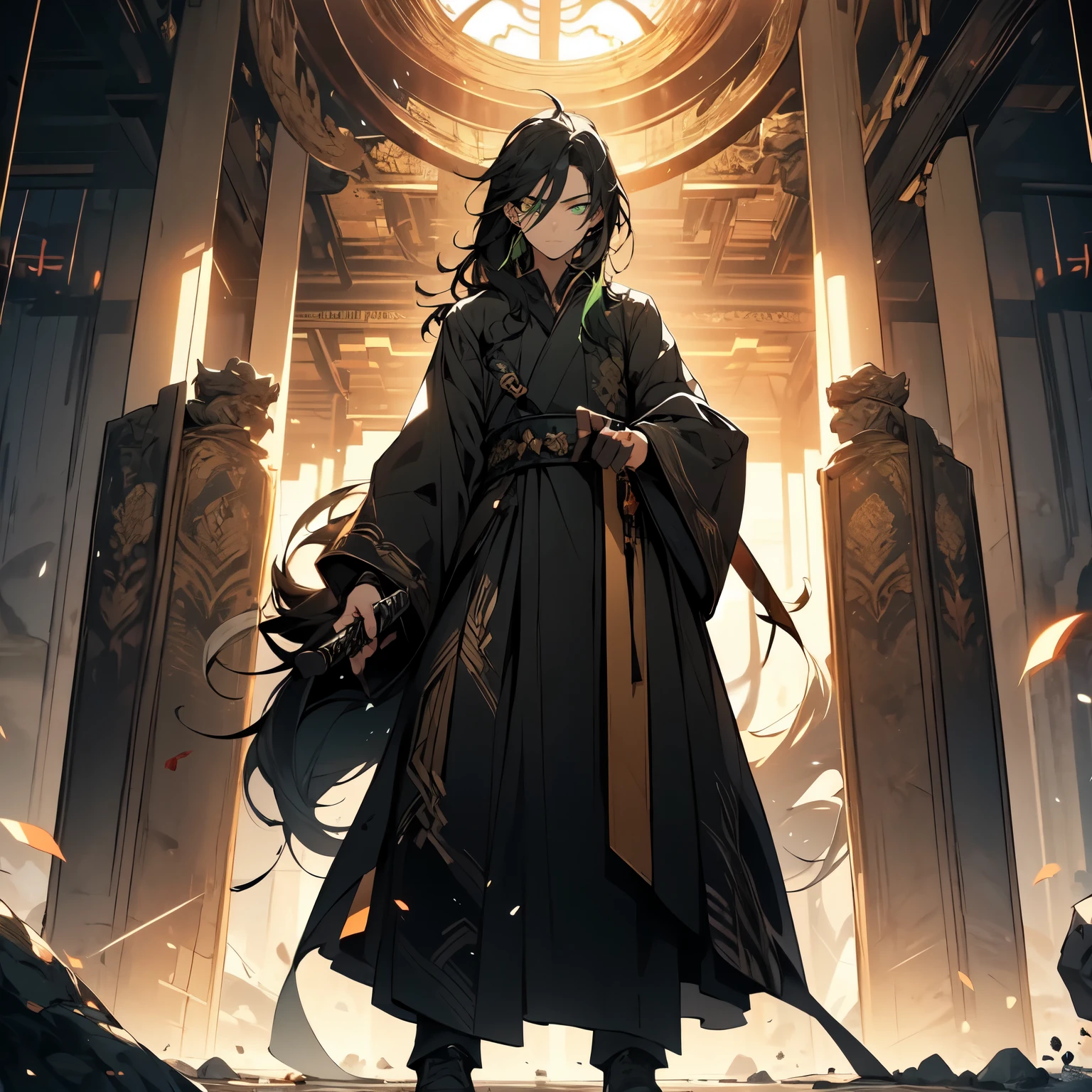 green eyes,Hold the hilt of the sword in your hand,Green decoration,Snake silent expression,male,teenager,long black hair,glowing eyes,