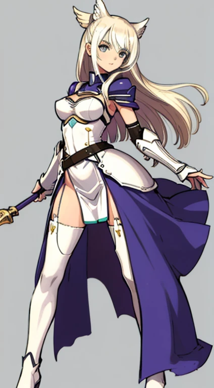 (((Best Quality))) , ((full body)), female, character design, solo, (white background), holding staff, gauntlets, waist armor, thigh high, side slit trench skirt, blue, green, violet, brown, white, colorful outfit, bare arms, bareback,  Bust Bodice, highleg buruma,
