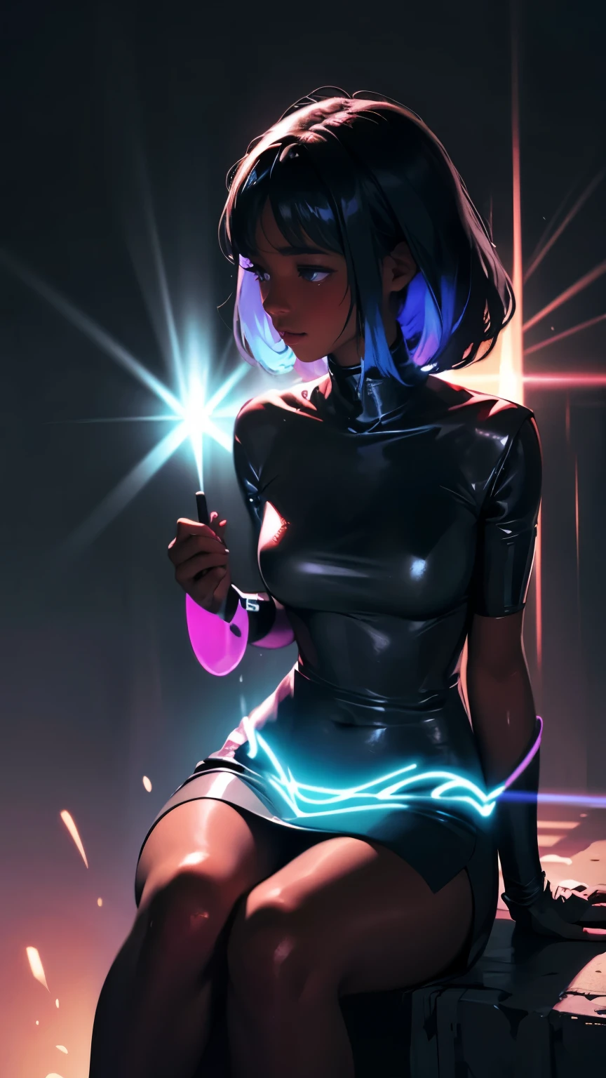 Pretty black woman sitting on a hillside, soft hair, funkypop, cyberdelic, grunge, hyperrealistic anime, lofi art, luminism, manga, medium shot, chemiluminescence, flare, flourescent lightin, character design, atey ghailan, basquiat, colorful_frequencies, electric colors, iridescent, dynamic pose, nouveau realisme, city background, african american