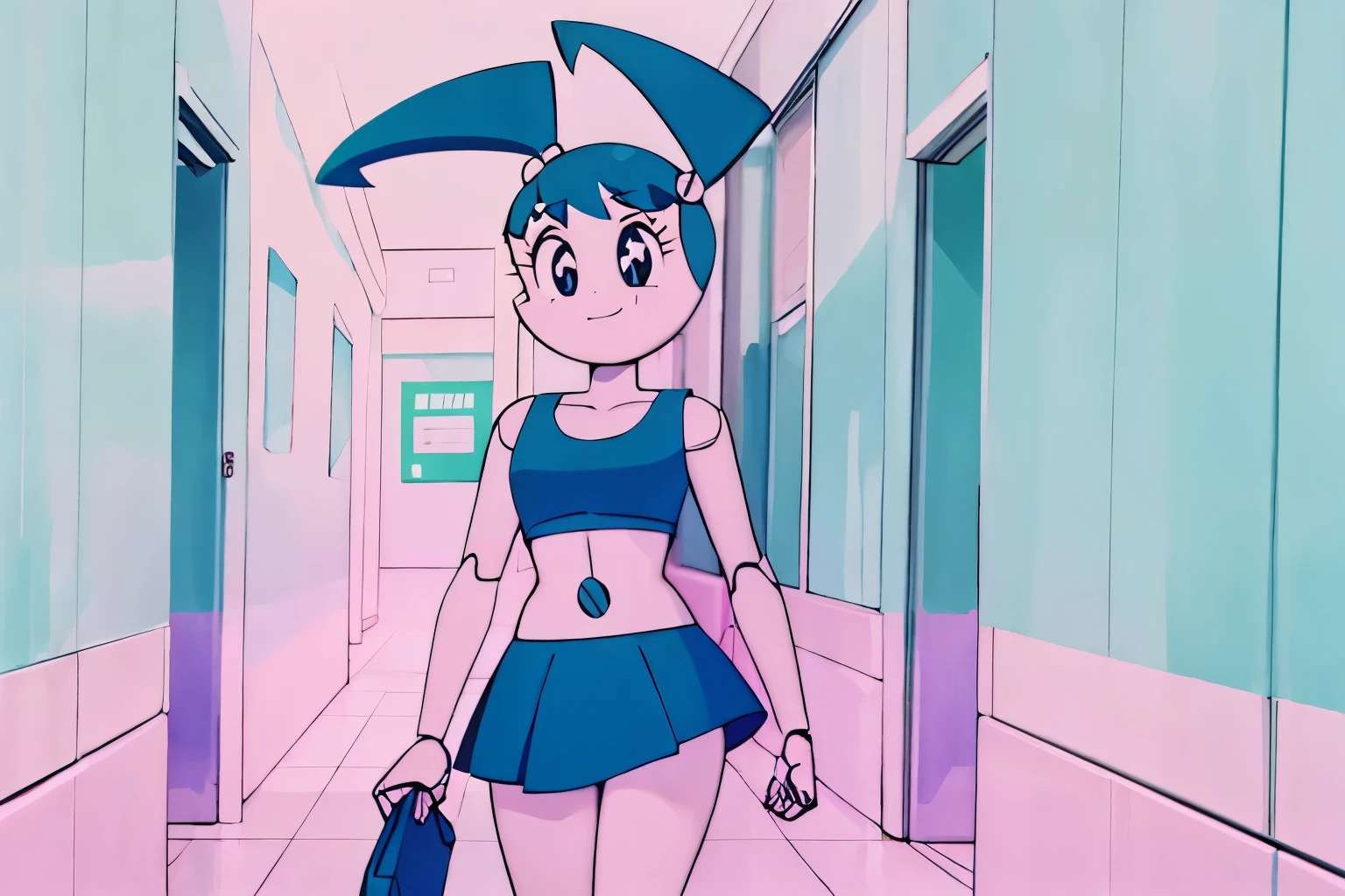 High quality portrait of Jenny Wakeman waving and smiling. Walking down school hallway background. Day time. Robot body, robot joints. Blue bolt on belly button, blue mini skirt