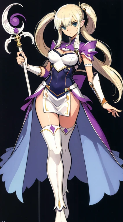 (((Best Quality))) , ((full body)), female, character design, solo, (white background), holding staff, gauntlets, waist armor, thigh high, side slit trench skirt, blue, green, violet, brown, white, colorful outfit, bare arms, bareback, Bust Bodice, highleg,