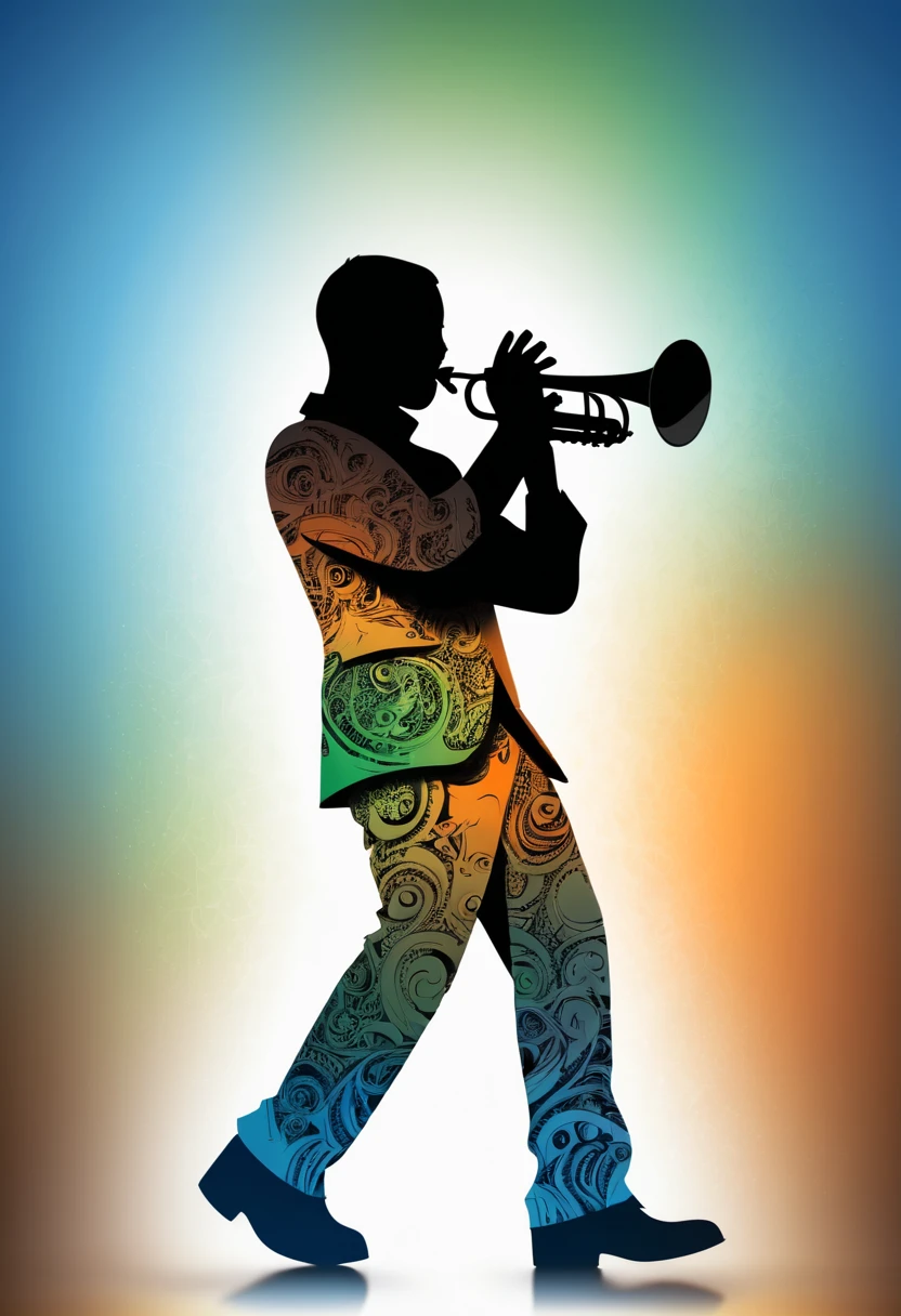 (best quality,highres:1.2),silhouette of a jazz trumpeter,colorful background,blue,orange,green,blurred,zentangle style,black,brown, 3d render,