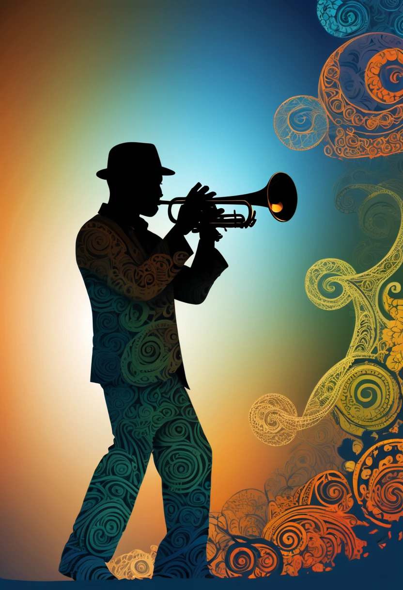 (best quality,highres:1.2),silhouette of a jazz trumpeter,colorful background,blue,orange,green,blurred,zentangle style,black,brown, 3d render,
