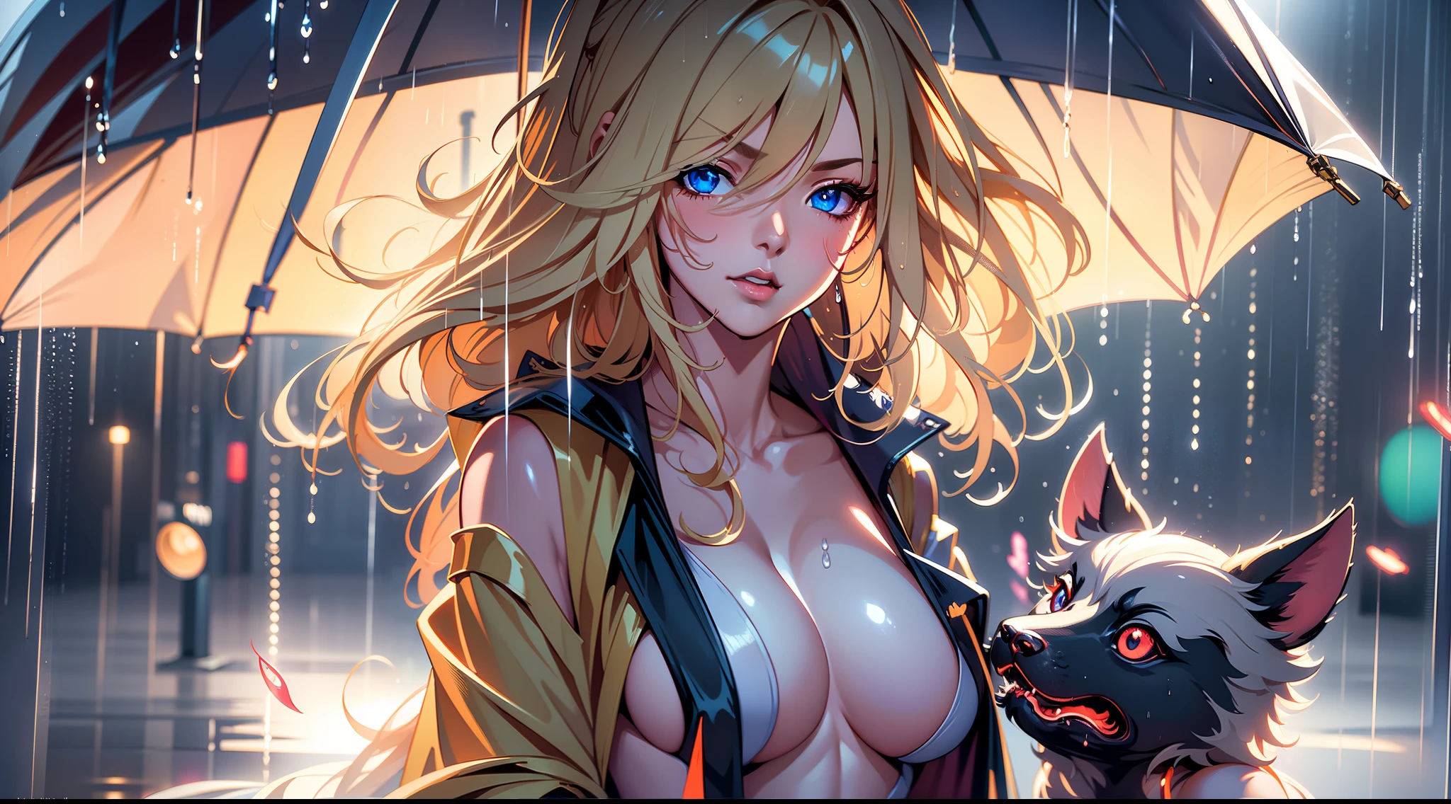 full body portrait of a photo realistic beautiful girl, 1 girl, facing forward, waifu, flowing hair, short modern rain protection clothing with an umbrella, big beautiful flirtateous open eyes, standing straight, cinematic lighting, relaxing raining weather environment setting, highly detailed, digital painting, trending on artstation, pixiv, concept art, sharp focus, illustration, art by ross tran and wlop, Glowing eyes, Best quality, good lighting, large breasts with cleavage, seductive face, Masterpiece, highres,sharp focus,(ultra detailed,extremely detailed),(photorealistic artwork:1.37),(extremely detailed CG unity 8k wallpaper),(((vibrant colors,vibrant theme))),(intricate),(masterpiece),(best quality), girl is playing with a cute small dog under the umbrella