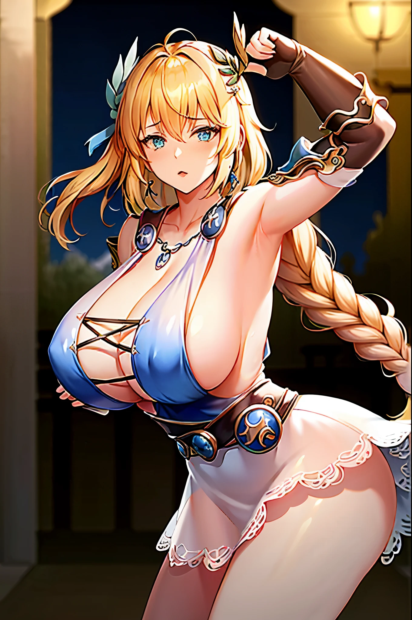 full nude,Armpit show,(muste piece:1.4),(best quality:1.4),(disorganized:1.4),pin - up,	Sophitia_whiteone piece_Aiwife,	Sophitia_whiteone piece_Aiwife,blonde hair,Large breasts,long hair,Mitsuami,eyes are blue,Jewelry is,arms,There is a cleavage in the chest,Sword Art,exterior,sheild,珰,single Mitsuami,one piece,belt bag,See-through,coverd nippple,exteriored one piece,Big breasts that are about to burst,hair ornament,white one piece,holding arms,very long hair,new lips,bare shoulders,bangs,gloves,Hair Ribbon,necklace,Skirt,clavicle,Feathers,Revealing clothes,armlet,elbow gloves,greek clothes,Mitsuamied ponytail,		(disorganized, High resolution, Unbelievably_disorganized:1.4),Scenery,muste piece,Laurel crown,mid night,