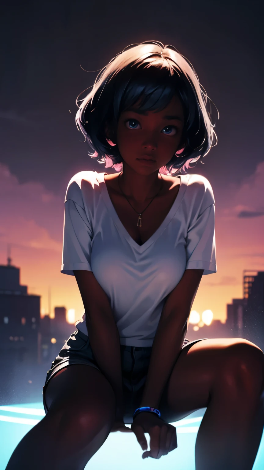 Pretty black woman sitting on a hillside, soft hair, funkypop, cyberdelic, grunge, hyperrealistic anime, lofi art, luminism, manga, medium shot, chemiluminescence, flare, flourescent lightin, character design, atey ghailan, basquiat, colorful_frequencies, electric colors, iridescent, dynamic pose, nouveau realisme, city background, african american